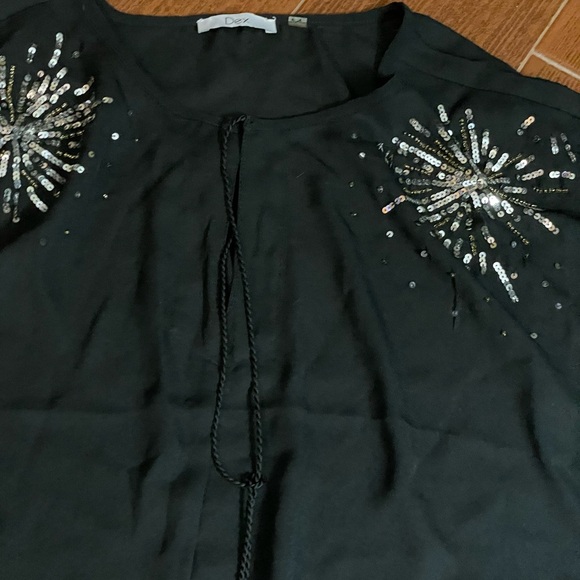 Dex Black Semi Sheer silver star burst sequin blouse long sleeve size 1X tassels - Picture 5 of 16